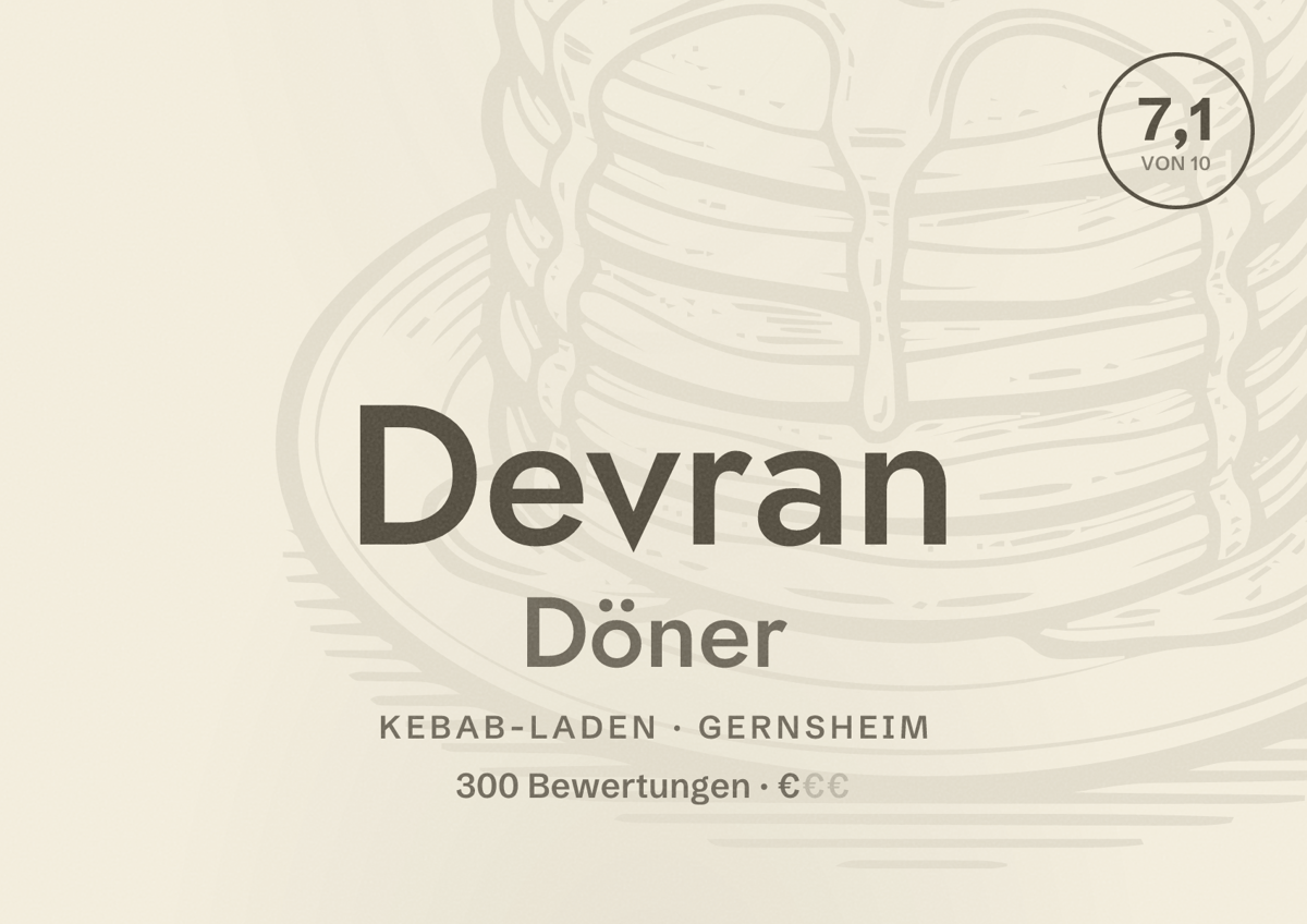 Illustriertes Poster von Devran Döner, Kebab-Laden in Gernsheim: Bewertung 7,1 von 10 aus 300 Bewertungen, Preisniveau €