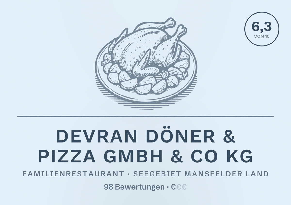 Illustriertes Poster von Devran Döner & Pizza GmbH & Co KG, Familienrestaurant in Seegebiet Mansfelder Land: Bewertung 6,3 von 10 aus 98 Bewertungen, Preisniveau €