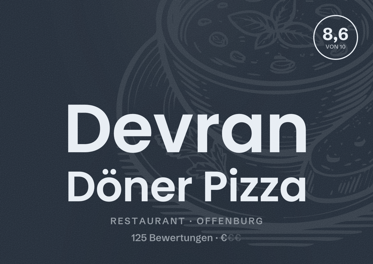 Illustriertes Poster von Devran Döner Pizza, Restaurant in Offenburg: Bewertung 8,6 von 10 aus 125 Bewertungen, Preisniveau €