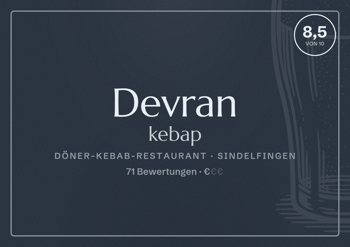 Illustriertes Poster von Devran kebap, Döner-Kebab-Restaurant in Sindelfingen: Bewertung 8,5 von 10 aus 71 Bewertungen, Preisniveau €