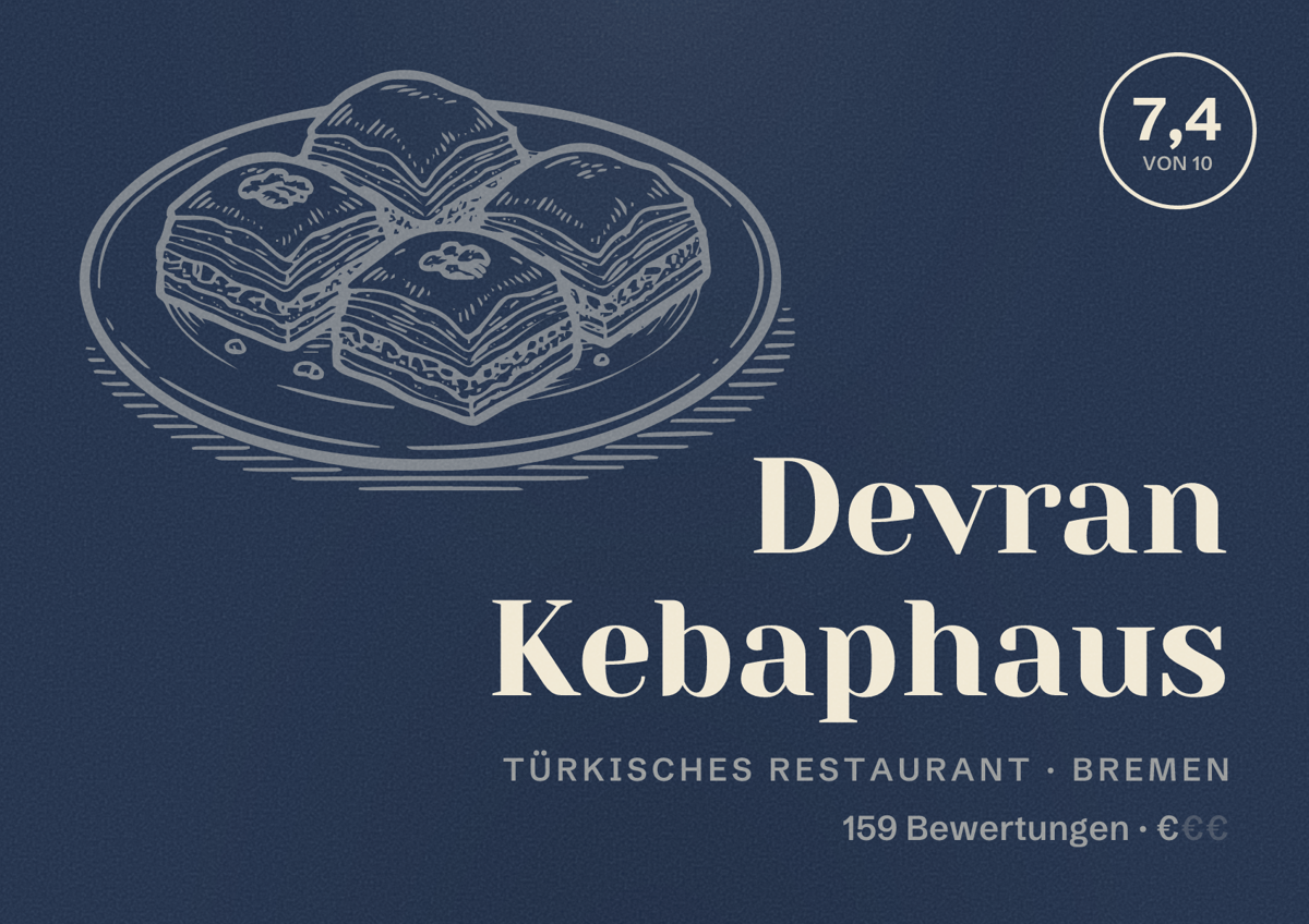 Illustriertes Poster von Devran Kebaphaus, Türkisches Restaurant in Bremen: Bewertung 7,4 von 10 aus 159 Bewertungen, Preisniveau €