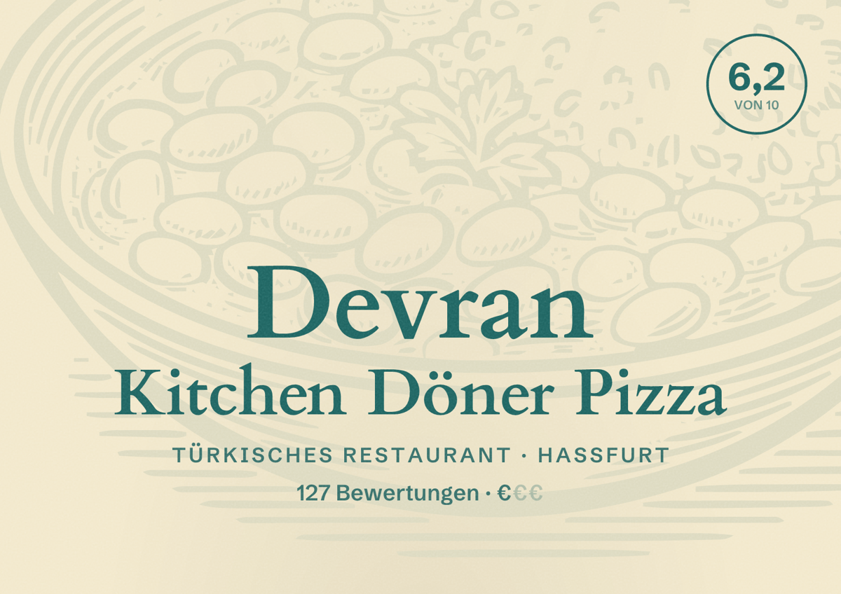 Illustriertes Poster von Devran Kitchen Döner Pizza, Türkisches Restaurant in Haßfurt: Bewertung 6,2 von 10 aus 127 Bewertungen, Preisniveau €