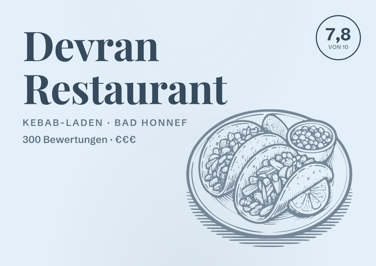 Illustriertes Poster von Devran Restaurant, Kebab-Laden in Bad Honnef: Bewertung 7,8 von 10 aus 300 Bewertungen, Preisniveau €€€