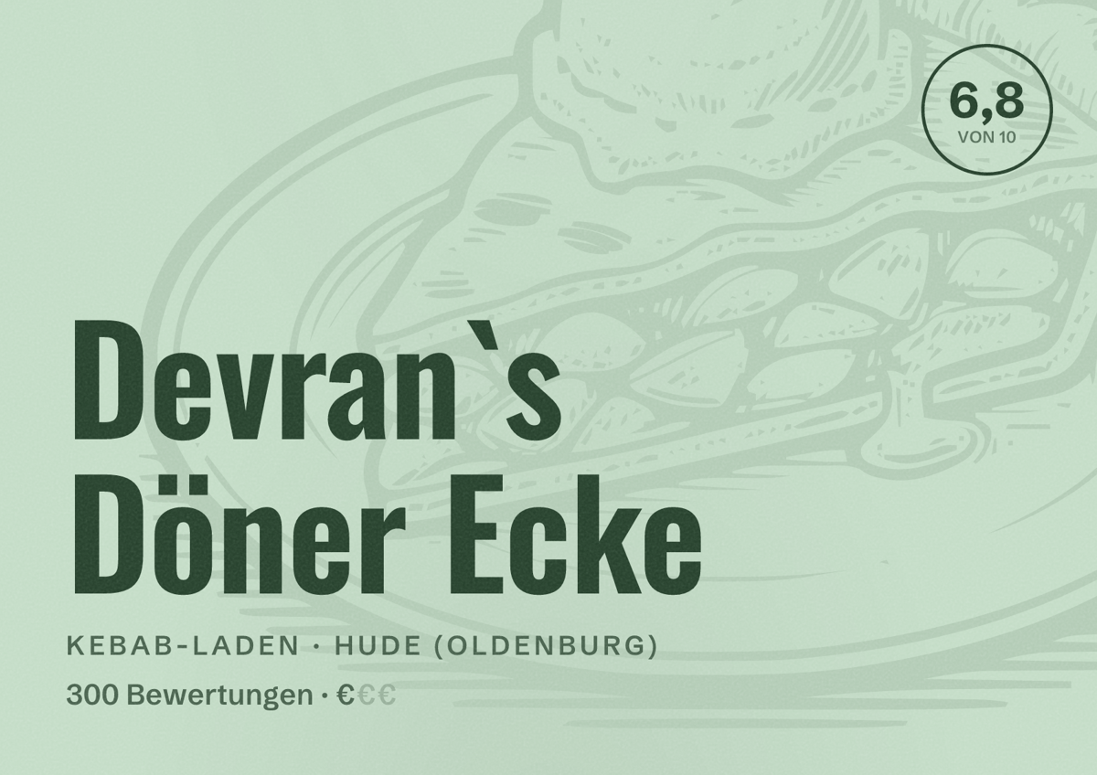 Illustriertes Poster von Devran`s Döner Ecke, Kebab-Laden in Hude (Oldenburg): Bewertung 6,8 von 10 aus 300 Bewertungen, Preisniveau €
