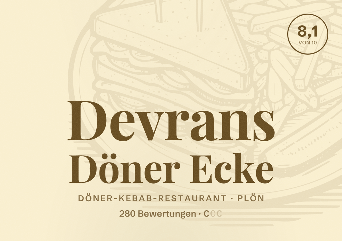 Illustriertes Poster von Devrans Döner Ecke, Döner-Kebab-Restaurant in Plön: Bewertung 8,1 von 10 aus 280 Bewertungen, Preisniveau €