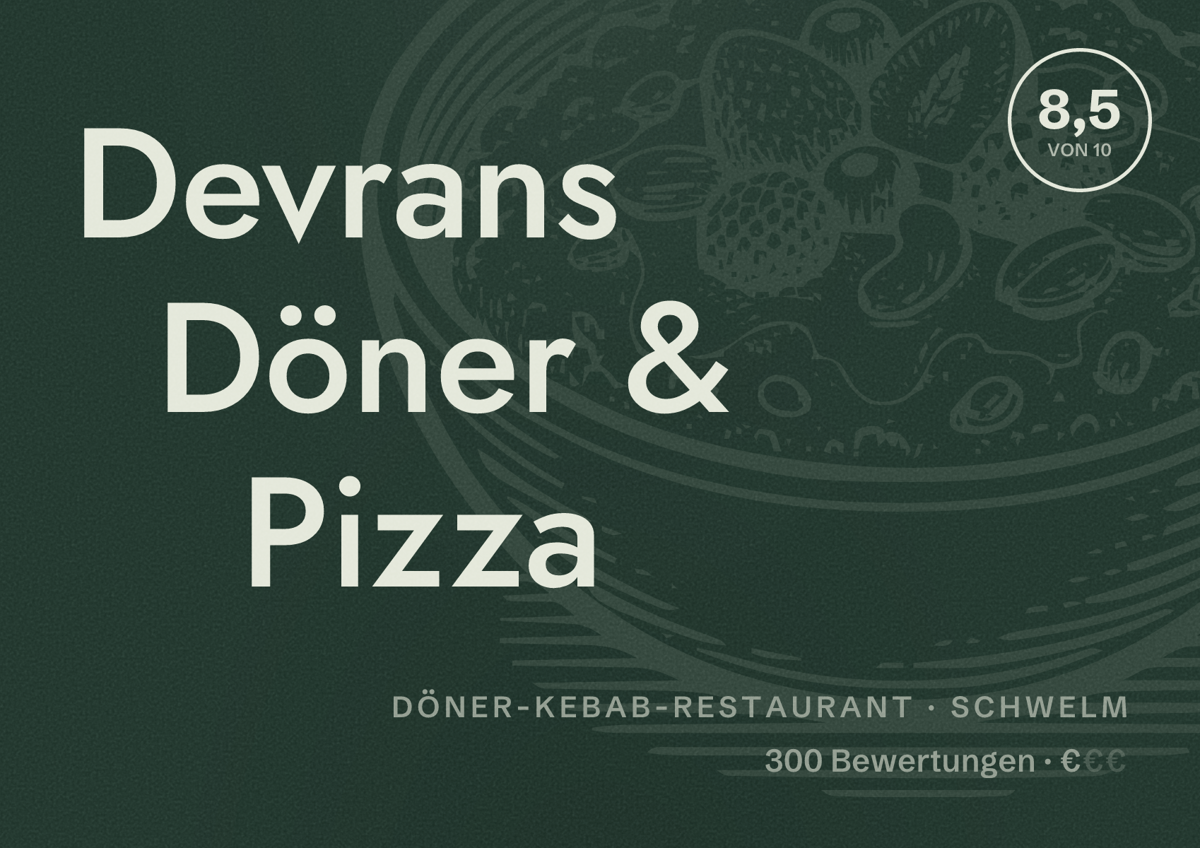 Illustriertes Poster von Devrans Döner & Pizza, Döner-Kebab-Restaurant in Schwelm: Bewertung 8,5 von 10 aus 300 Bewertungen, Preisniveau €