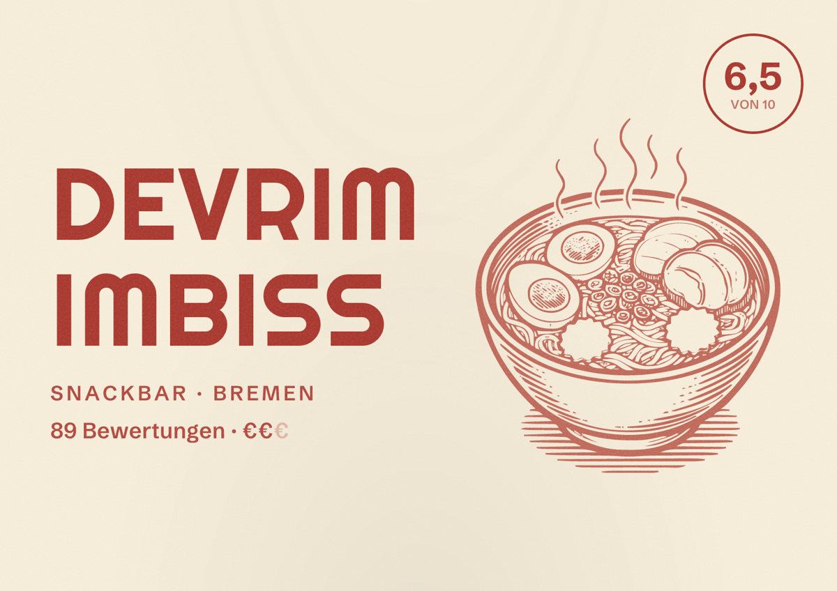 Illustriertes Poster von Devrim Imbiss, Snackbar in Bremen: Bewertung 6,5 von 10 aus 89 Bewertungen, Preisniveau €€