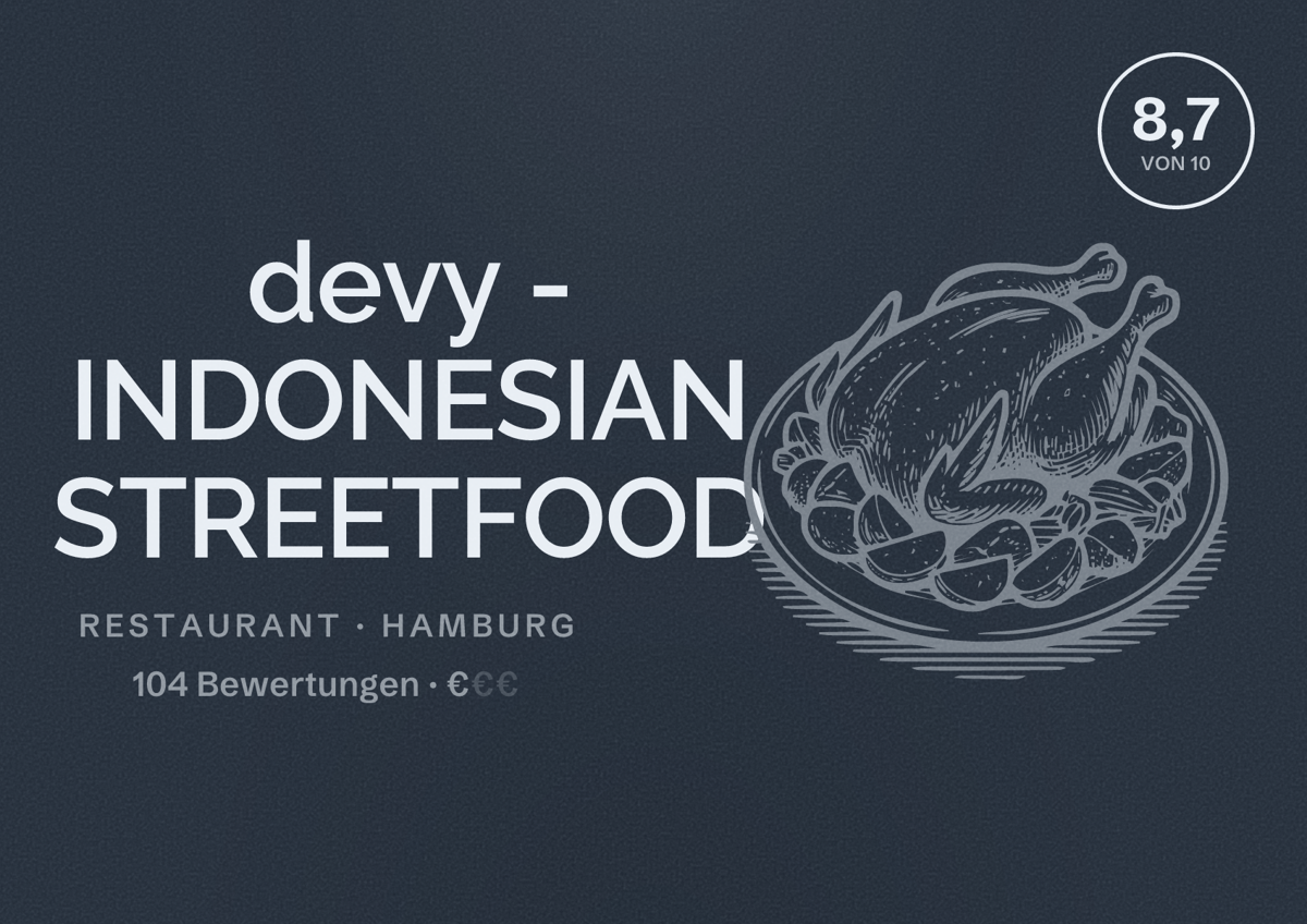 Illustriertes Poster von devy - INDONESIAN STREETFOOD, Restaurant in Hamburg: Bewertung 8,7 von 10 aus 104 Bewertungen, Preisniveau €