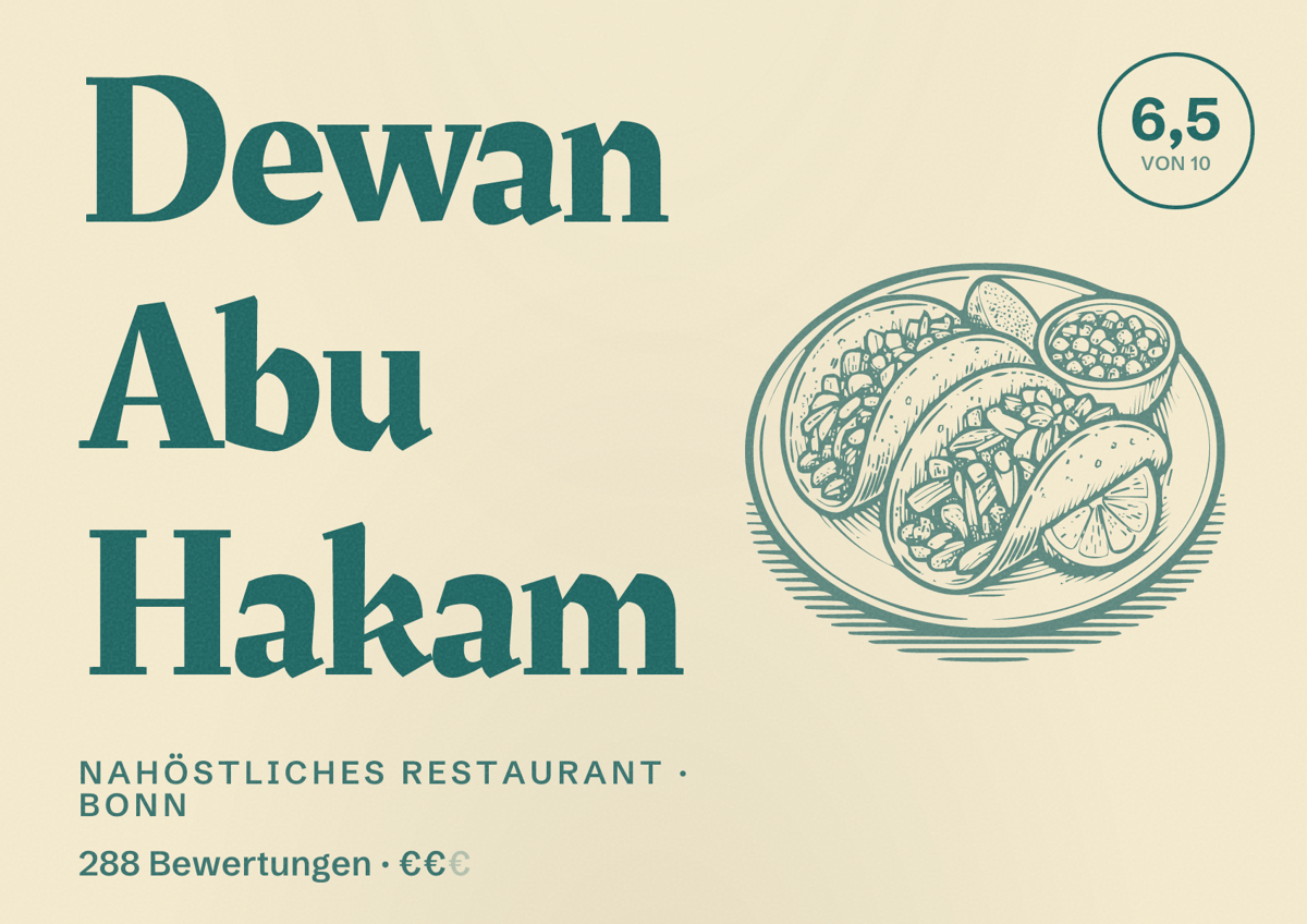 Illustriertes Poster von Dewan Abu Hakam, Nahöstliches Restaurant in Bonn: Gästebewertung 6,5 von 10 aus 288 Bewertungen