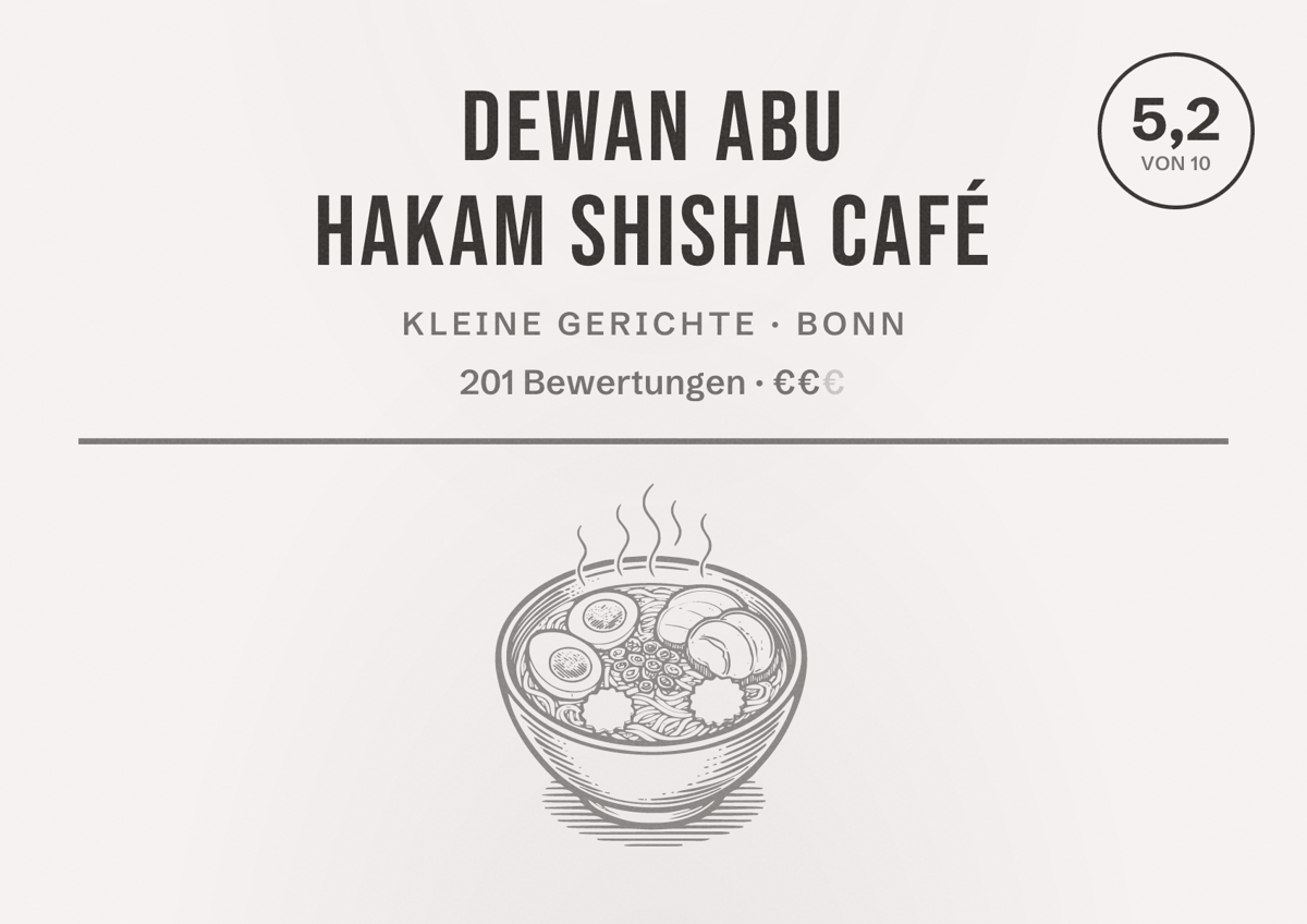 Illustriertes Poster von Dewan Abu Hakam Shisha Café, Kleine Gerichte in Bonn: Bewertung 5,2 von 10 aus 201 Bewertungen, Preisniveau €€