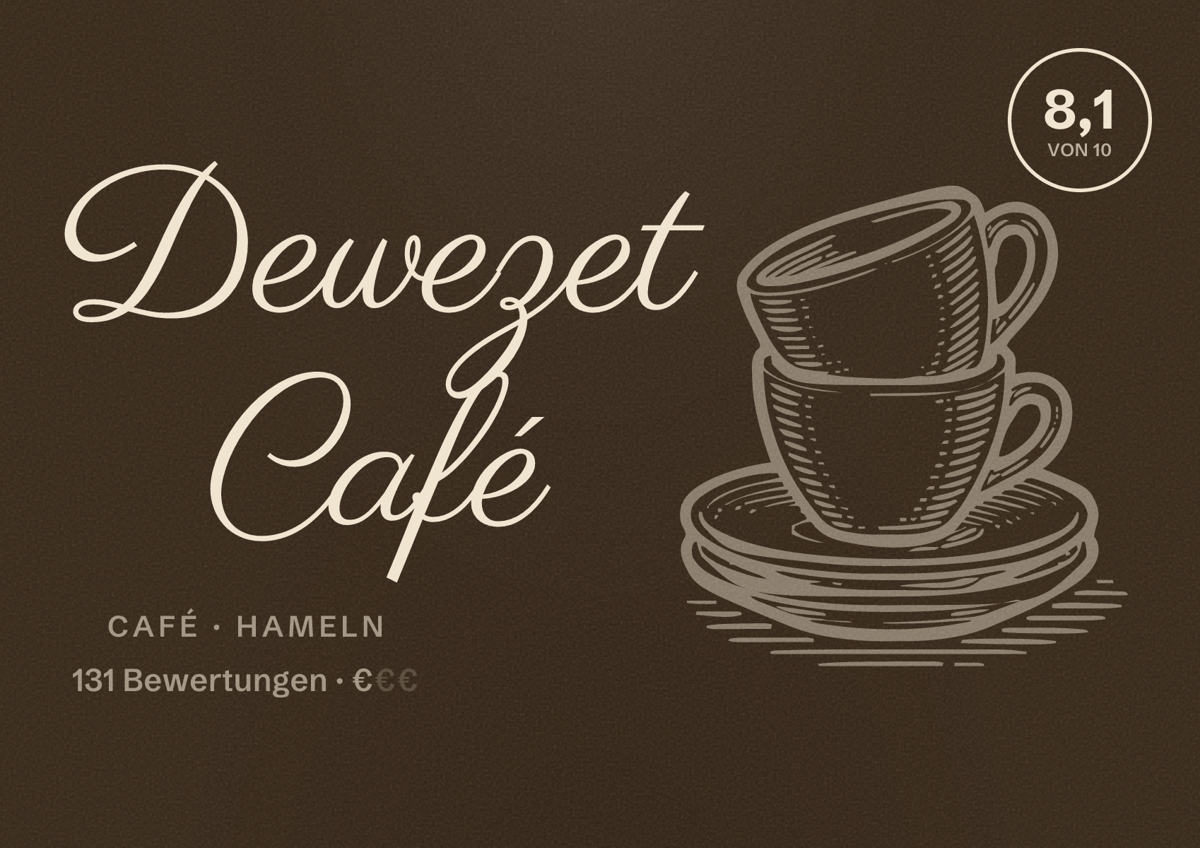 Illustriertes Poster von Dewezet Café, Café in Hameln: Bewertung 8,1 von 10 aus 131 Bewertungen, Preisniveau €