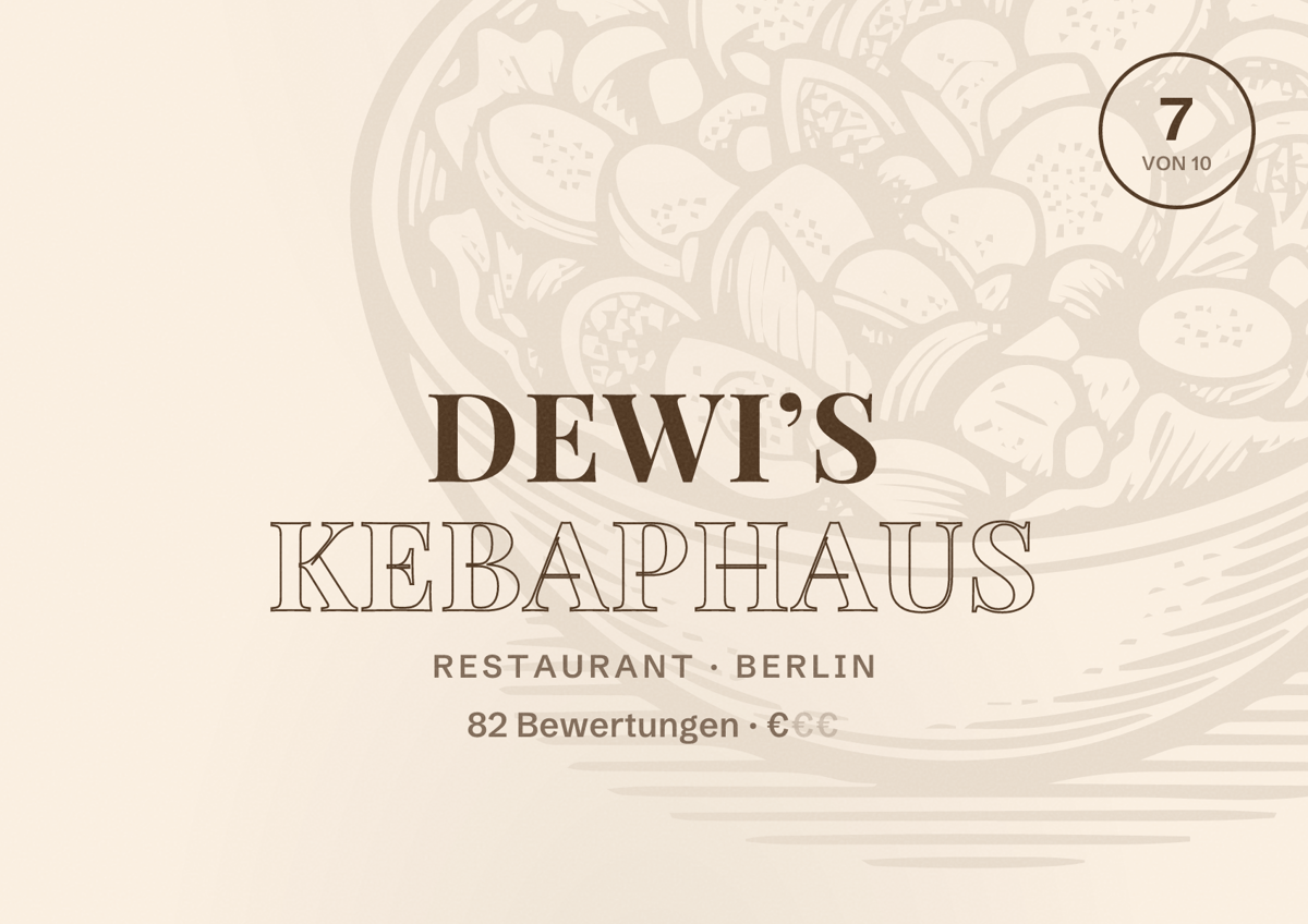 Illustriertes Poster von Dewi’s KEBAPHAUS, Restaurant in Berlin: Bewertung 7,0 von 10 aus 82 Bewertungen, Preisniveau €