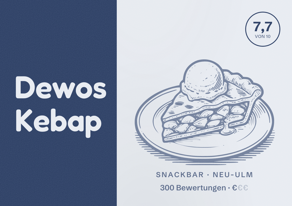 Illustriertes Poster von Dewos Kebap, Snackbar in Neu-Ulm: Bewertung 7,7 von 10 aus 300 Bewertungen, Preisniveau €