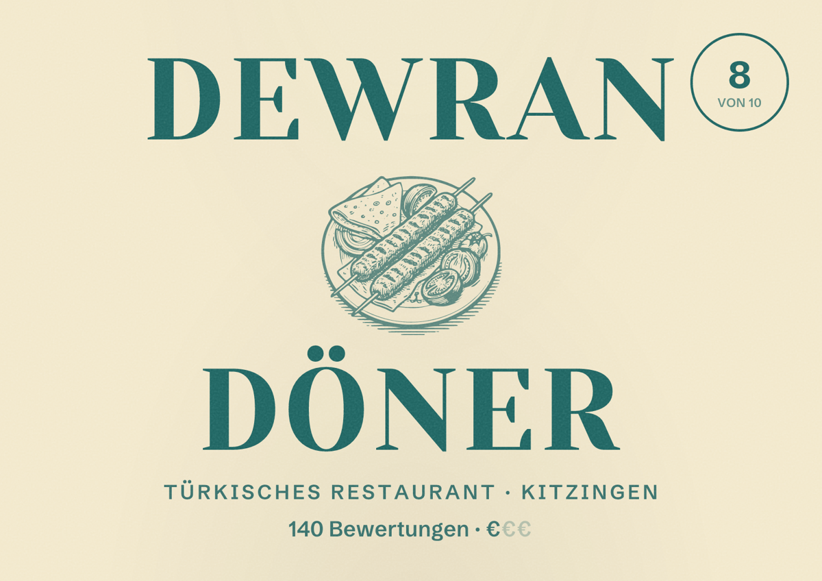 Illustriertes Poster von Dewran Döner, Türkisches Restaurant in Kitzingen: Bewertung 8 von 10 aus 140 Bewertungen, Preisniveau €