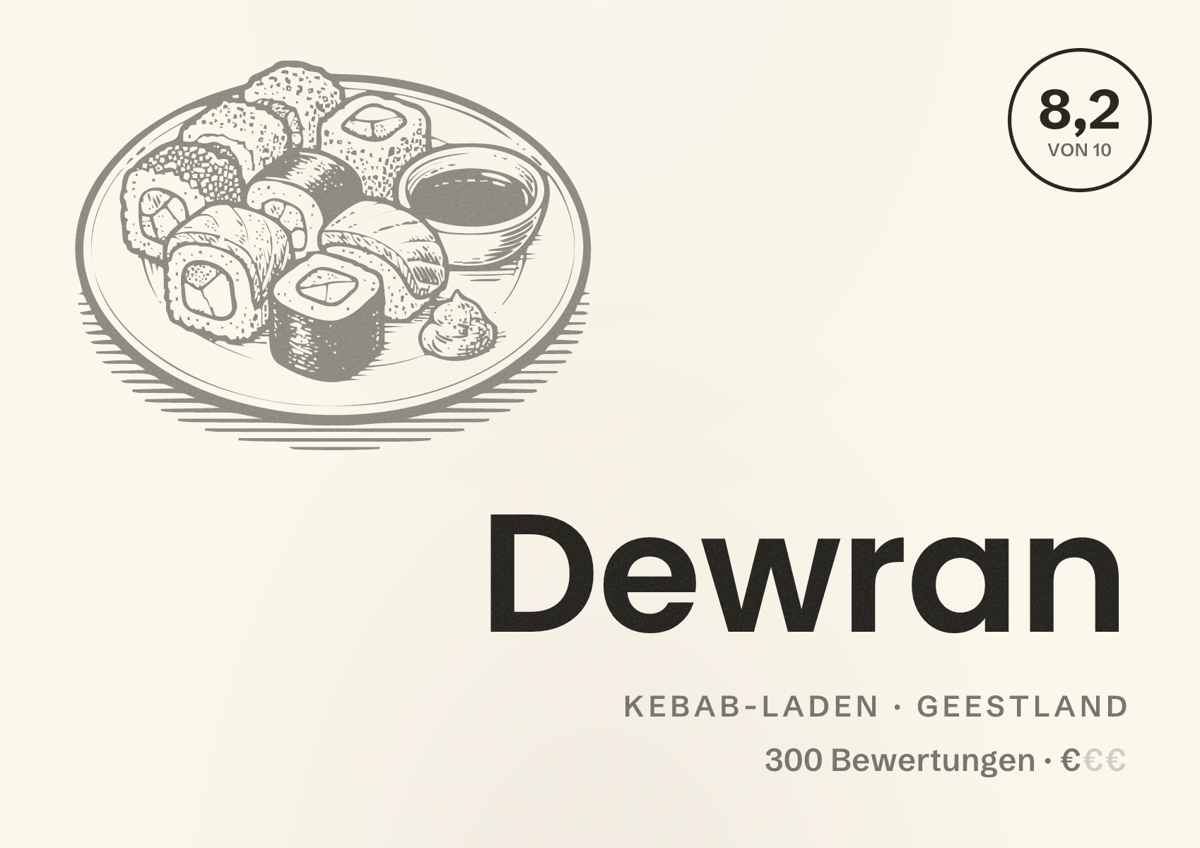 Illustriertes Poster von Dewran, Kebab-Laden in Geestland: Bewertung 8,2 von 10 aus 300 Bewertungen, Preisniveau €