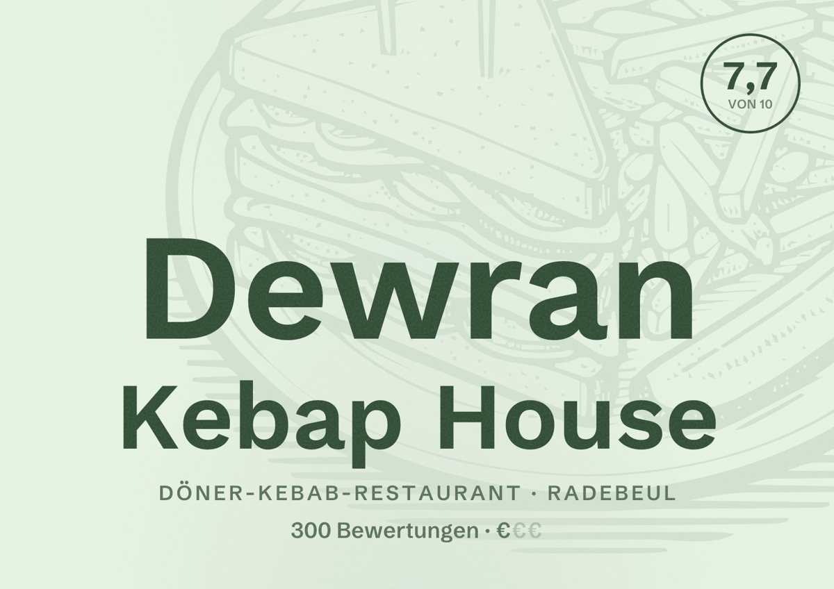 Illustriertes Poster von Dewran Kebap House, Döner-Kebab-Restaurant in Radebeul: Bewertung 7,7 von 10 aus 300 Bewertungen, Preisniveau €