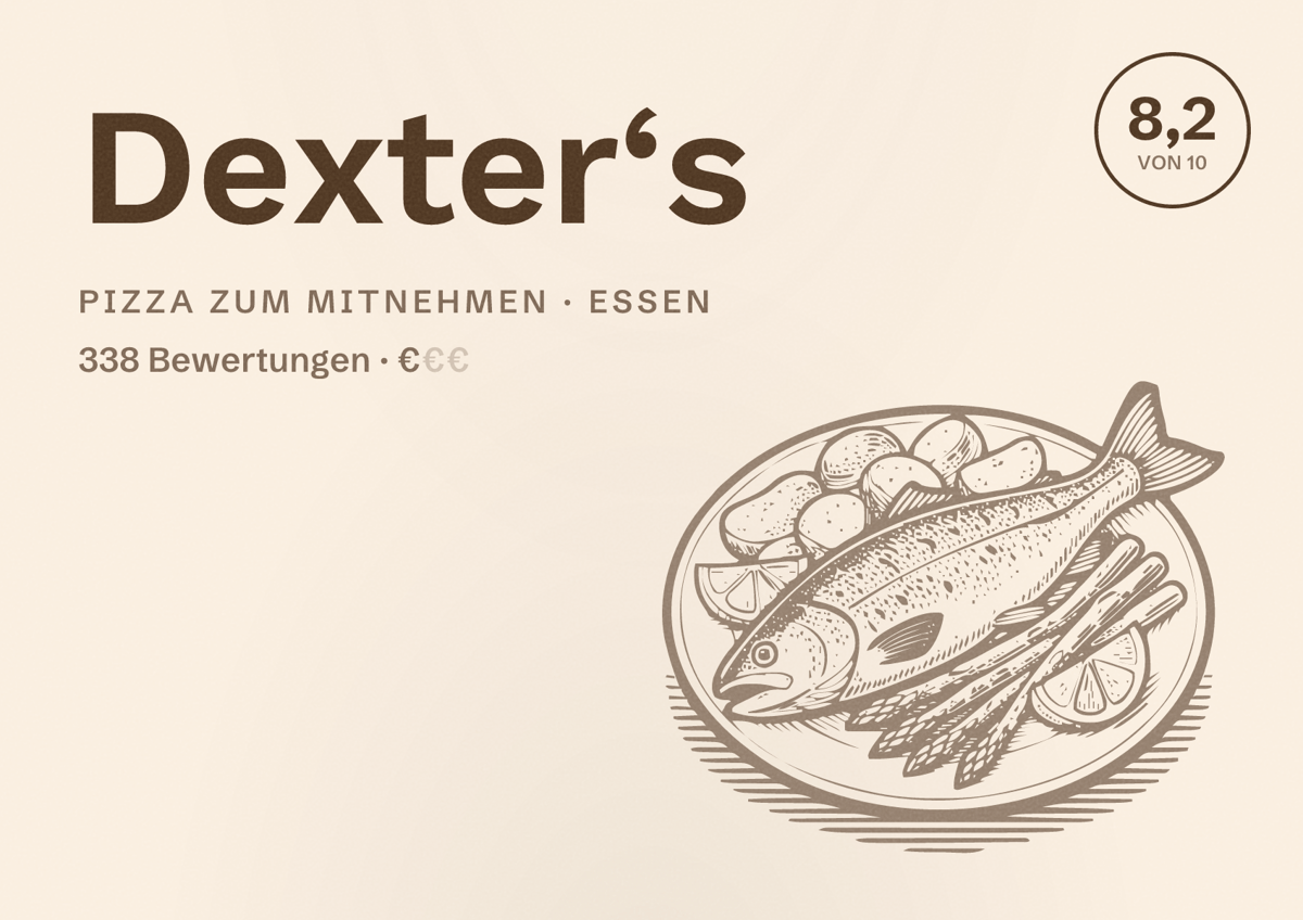 Illustriertes Poster von Dexter‘s, Pizza zum Mitnehmen in Essen: Bewertung 8,2 von 10 aus 338 Bewertungen, Preisniveau €