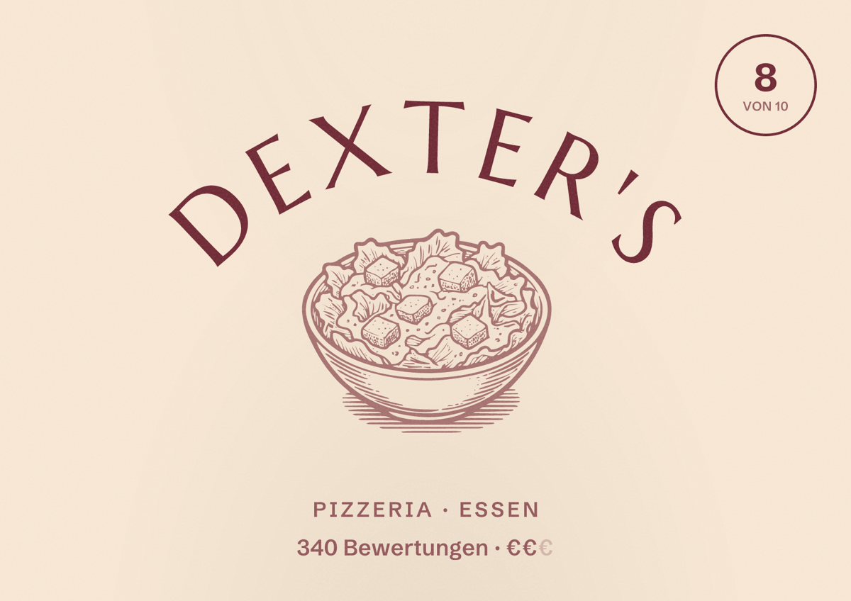 Illustriertes Poster von Dexter's, Pizzeria in Essen: Bewertung 8 von 10 aus 340 Bewertungen, Preisniveau €€
