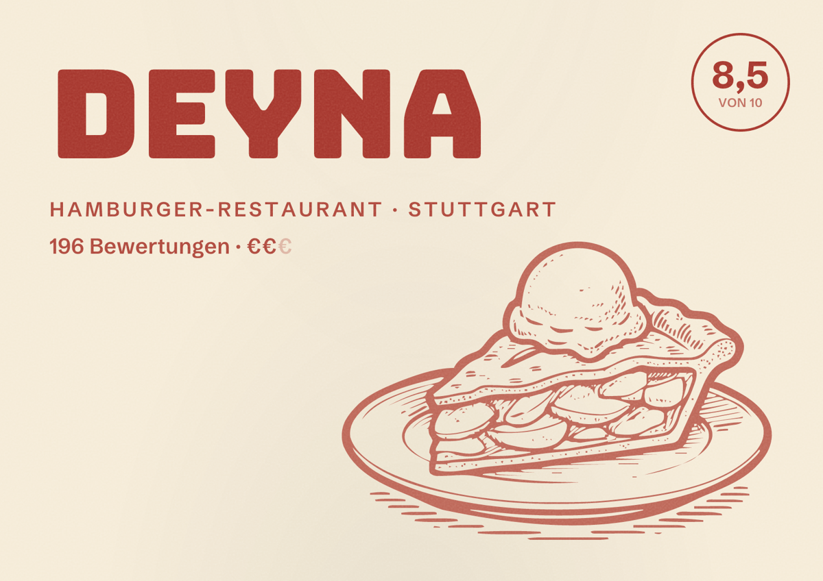 Illustriertes Poster von Deyna, Hamburger-Restaurant in Stuttgart: Bewertung 8,5 von 10 aus 196 Bewertungen, Preisniveau €€
