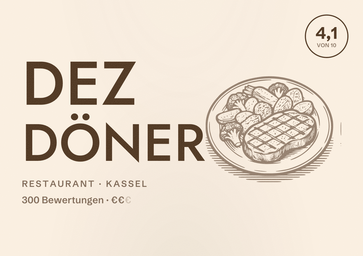 Illustriertes Poster von Dez Döner, Restaurant in Kassel: Bewertung 4,1 von 10 aus 300 Bewertungen, Preisniveau €€