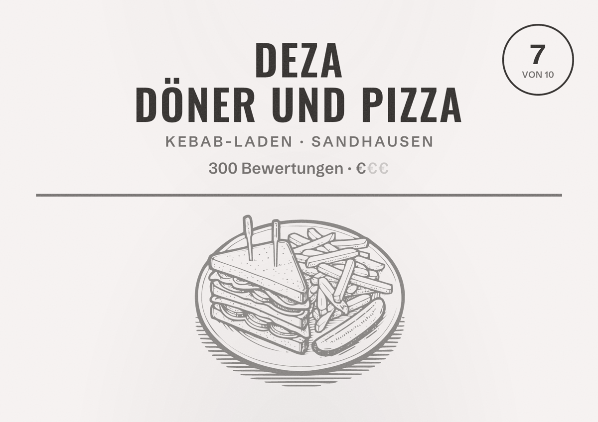 Illustriertes Poster von Deza Döner und Pizza, Kebab-Laden in Sandhausen: Bewertung 7 von 10 aus 300 Bewertungen, Preisniveau €