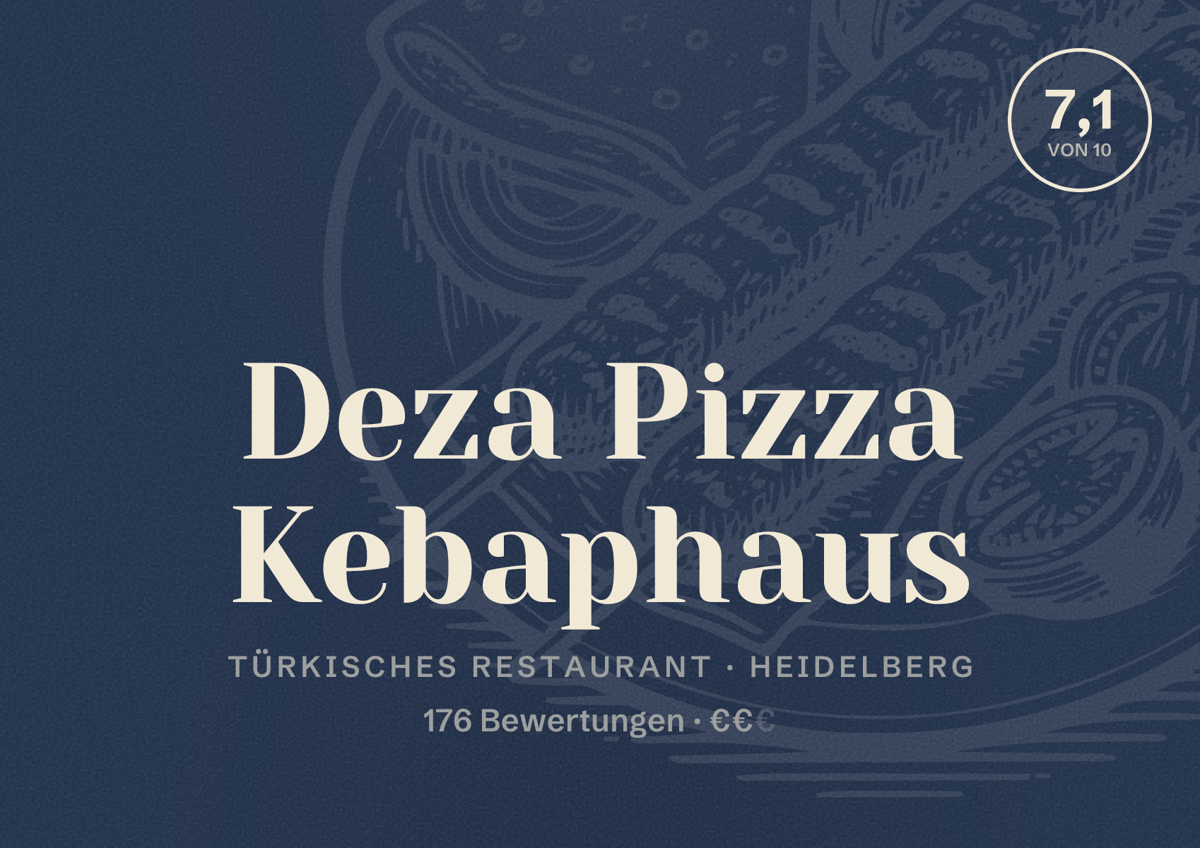 Illustriertes Poster von Deza Pizza Kebaphaus, Türkisches Restaurant in Heidelberg: Bewertung 7,1 von 10 aus 176 Bewertungen, Preisniveau €€