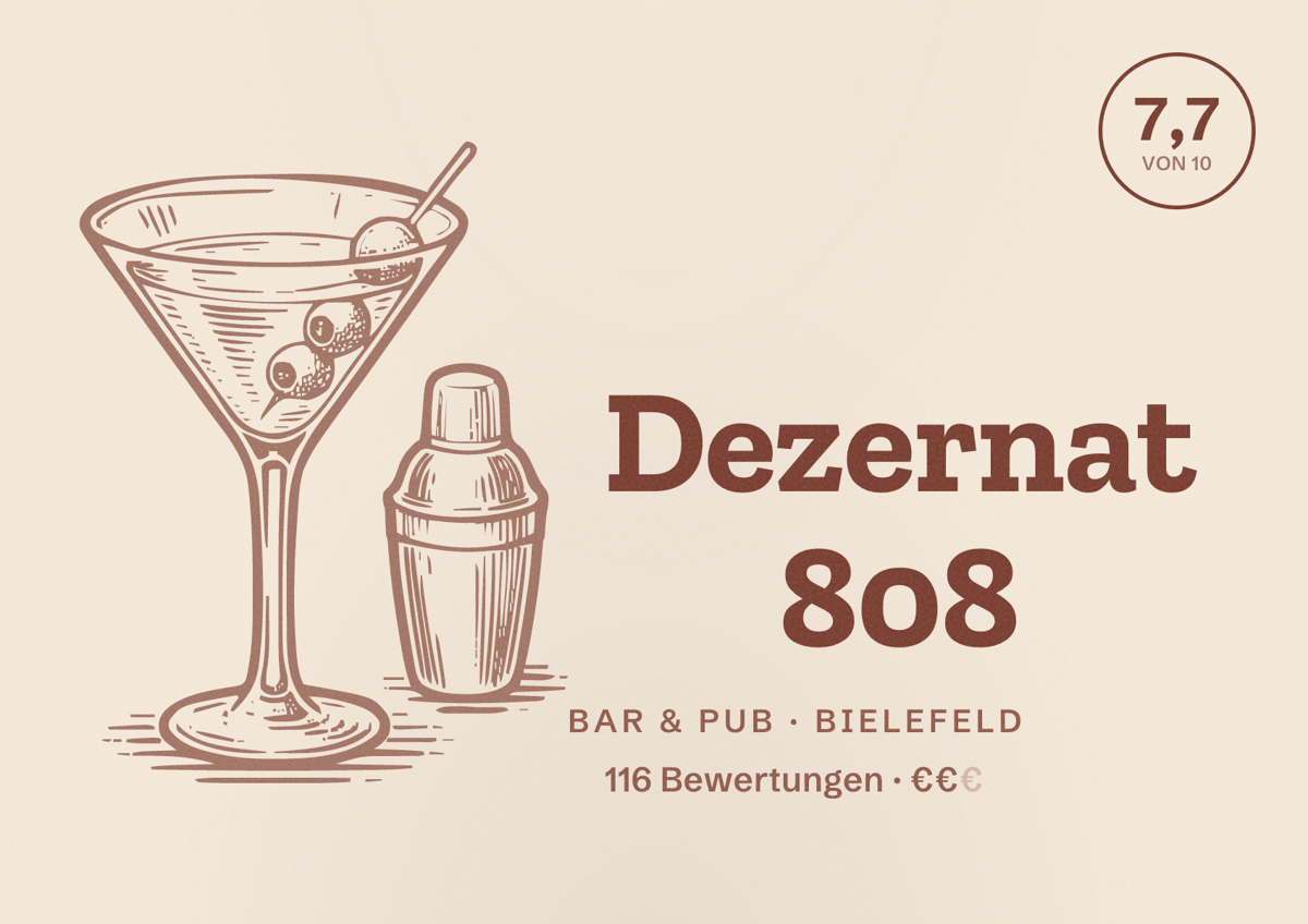 Illustriertes Poster von Dezernat 808, Bar & Pub in Bielefeld: Bewertung 7,7 von 10 aus 116 Bewertungen, Preisniveau €€