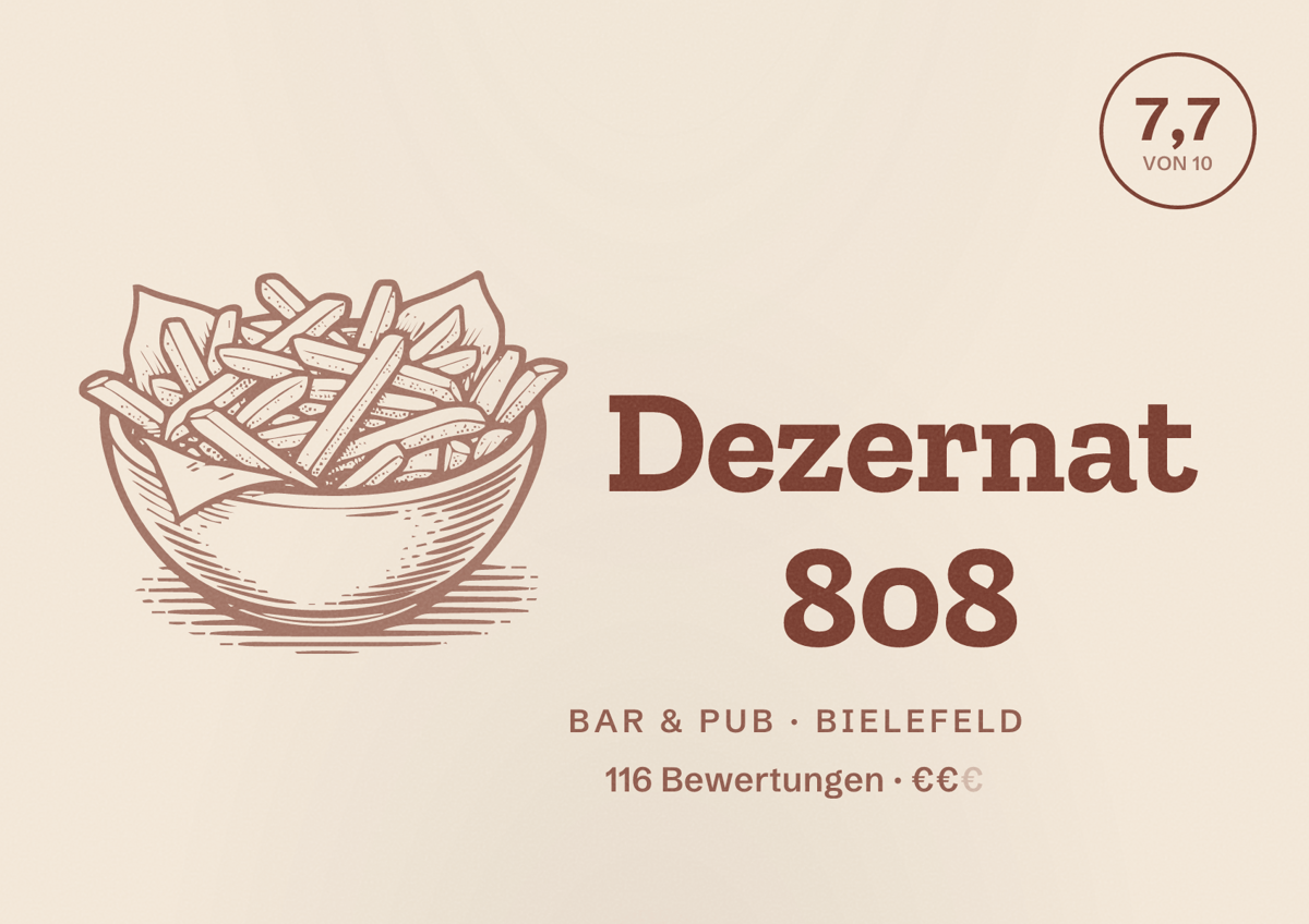 Illustriertes Poster von Dezernat 808, Bar & Pub in Bielefeld: Bewertung 7,7 von 10 aus 116 Bewertungen, Preisniveau €€