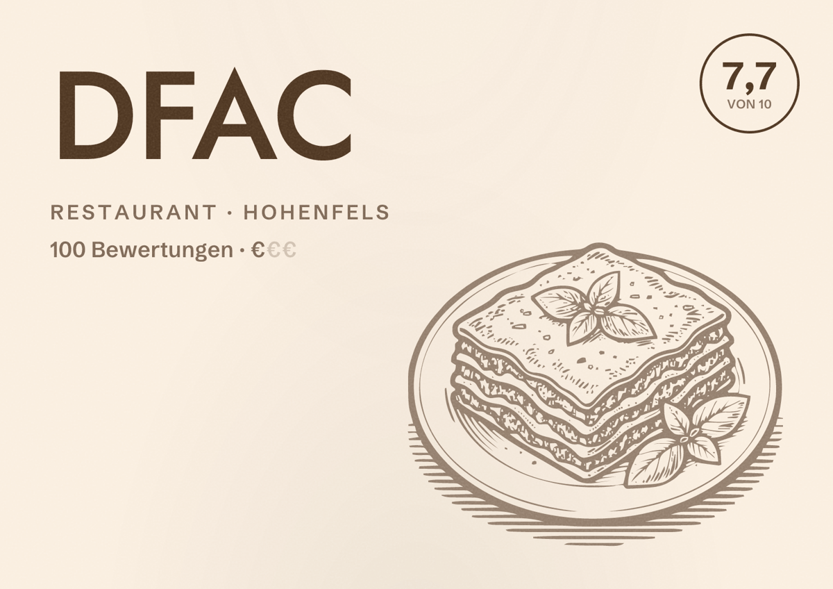 Illustriertes Poster von DFAC, Restaurant in Hohenfels: Bewertung 7,7 von 10 aus 100 Bewertungen, Preisniveau €