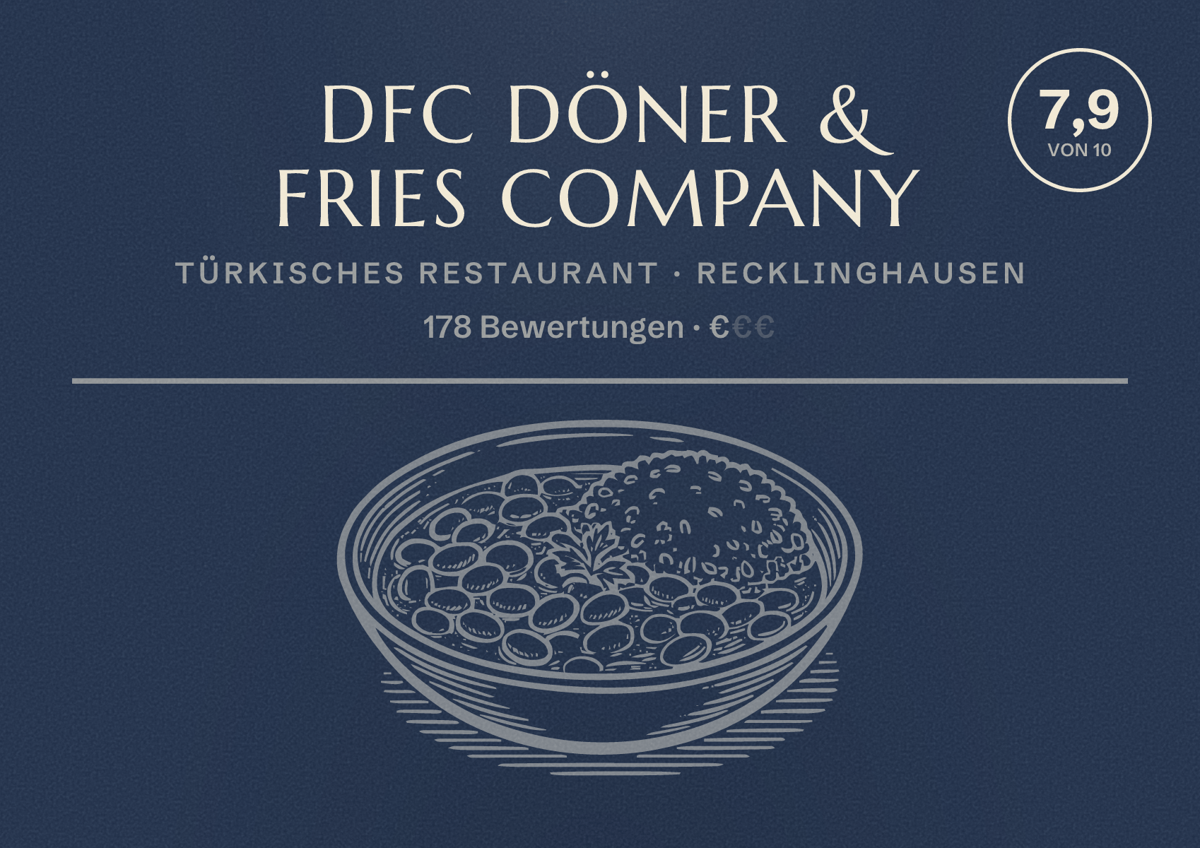 Illustriertes Poster von DFC Döner & Fries Company, Türkisches Restaurant in Recklinghausen: Bewertung 7,9 von 10 aus 178 Bewertungen, Preisniveau €