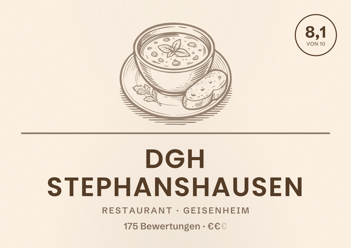 Illustriertes Poster von DGH Stephanshausen, Restaurant in Geisenheim: Bewertung 8,1 von 10 aus 175 Bewertungen, Preisniveau €€