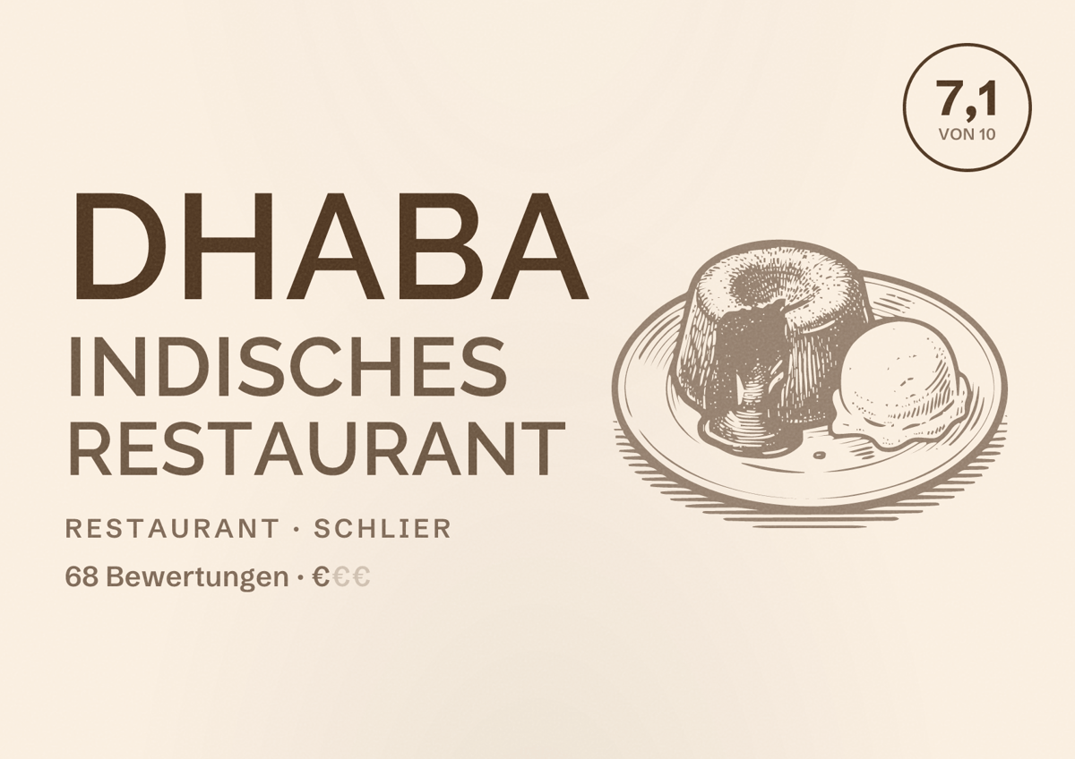 Illustriertes Poster von DHABA Indisches Restaurant, Restaurant in Schlier: Bewertung 7,1 von 10 aus 68 Bewertungen, Preisniveau €