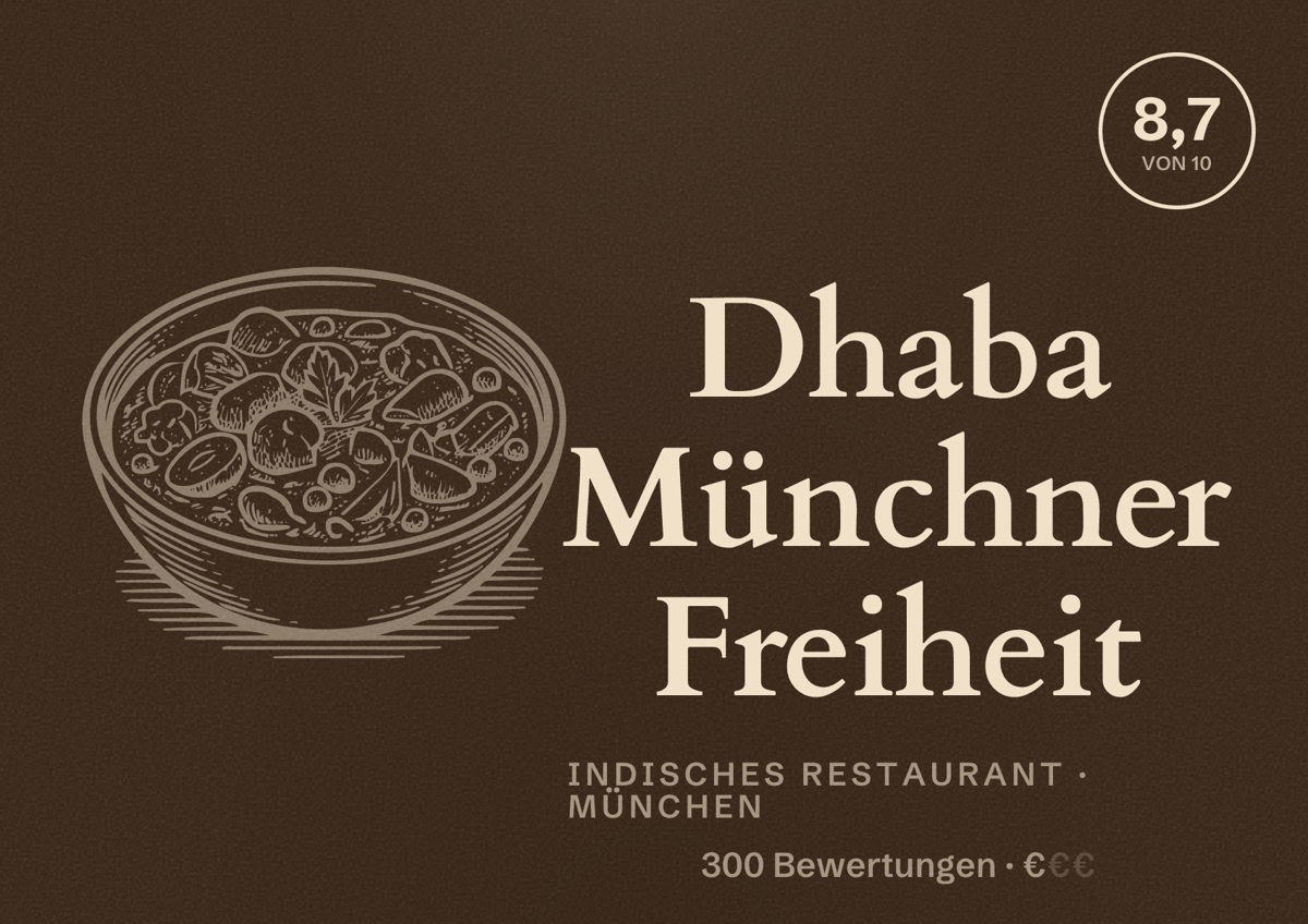 Illustriertes Poster von Dhaba Münchner Freiheit, Indisches Restaurant in München: Bewertung 8,7 von 10 aus 300 Bewertungen, Preisniveau €