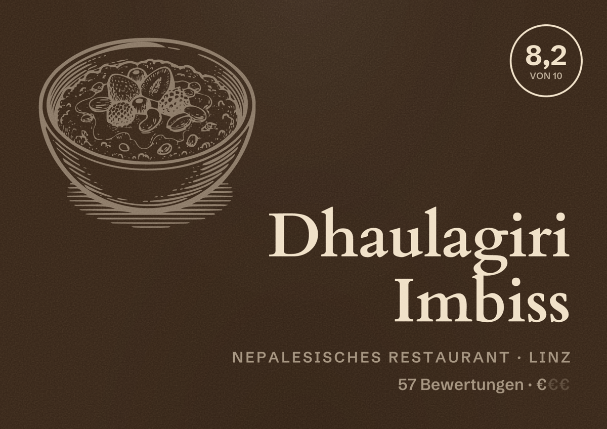 Illustriertes Poster von Dhaulagiri Imbiss, Nepalesisches Restaurant in Linz: Bewertung 8,2 von 10 aus 57 Bewertungen, Preisniveau €