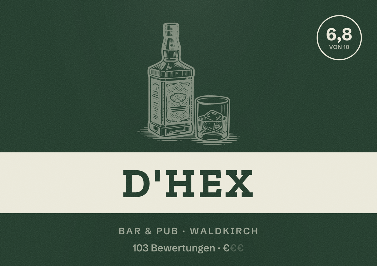 Illustriertes Poster von D'Hex, Bar & Pub in Waldkirch: Bewertung 6,8 von 10 aus 103 Bewertungen, Preisniveau €