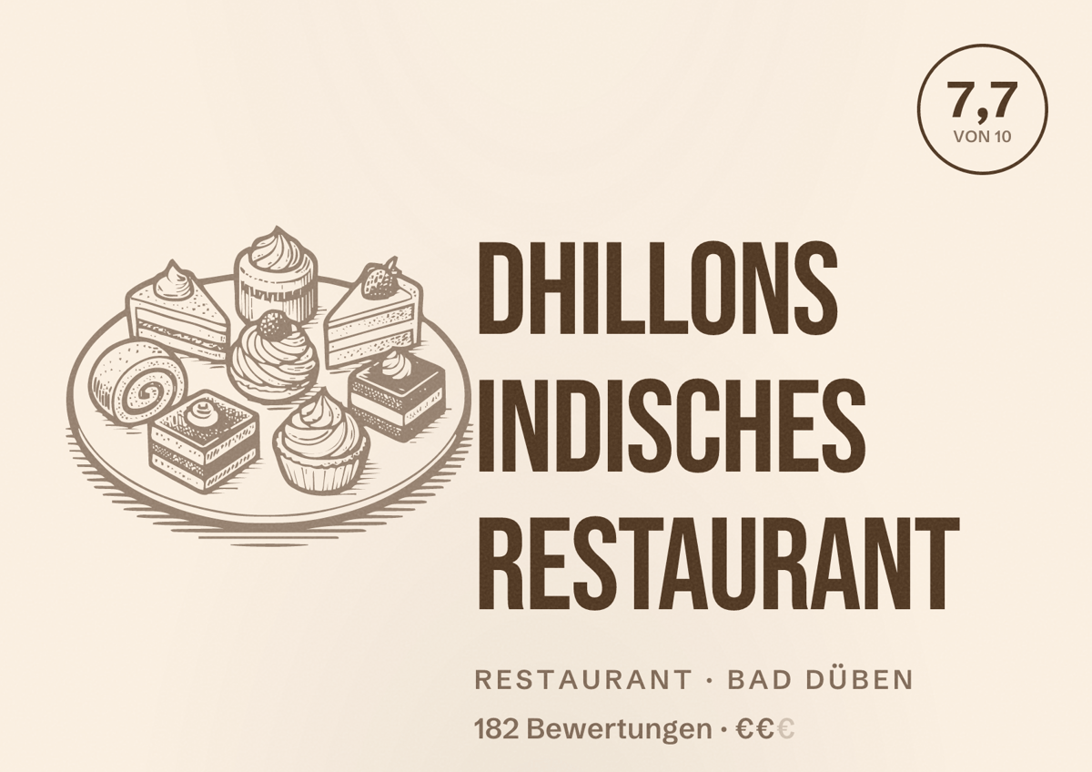Illustriertes Poster von Dhillons Indisches Restaurant, Restaurant in Bad Düben: Bewertung 7,7 von 10 aus 182 Bewertungen, Preisniveau €€