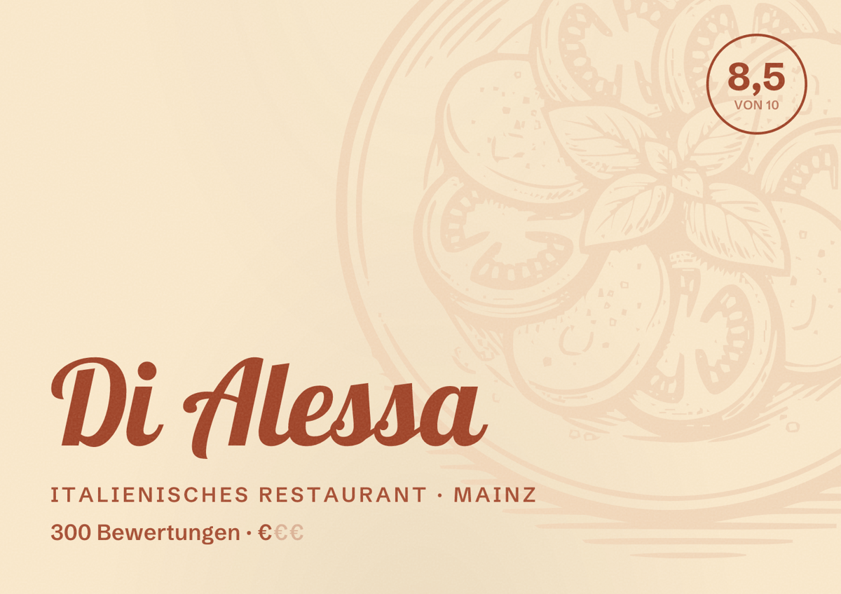 Illustriertes Poster von Di Alessa, Italienisches Restaurant in Mainz: Bewertung 8,5 von 10 aus 300 Bewertungen, Preisniveau €