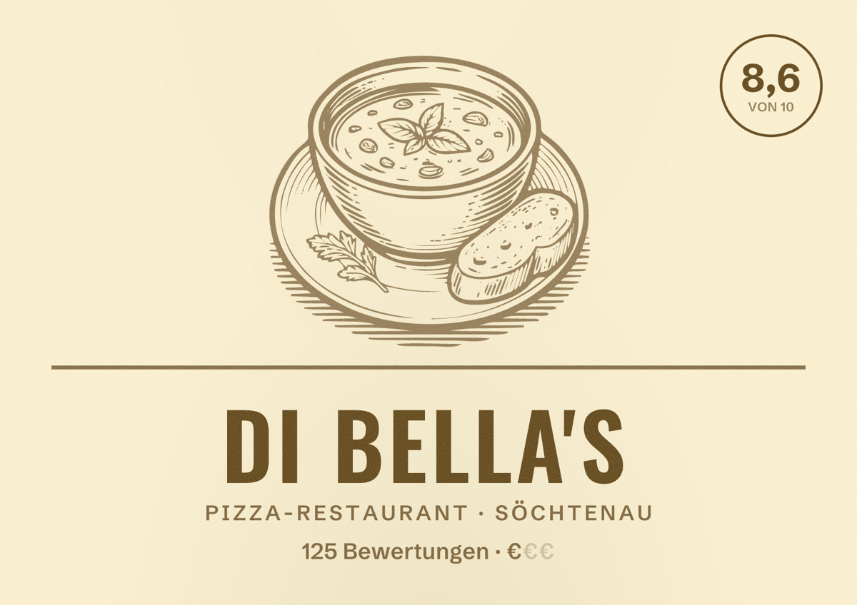 Illustriertes Poster von Di Bella's, Pizza-Restaurant in Söchtenau: Bewertung 8,6 von 10 aus 125 Bewertungen, Preisniveau €