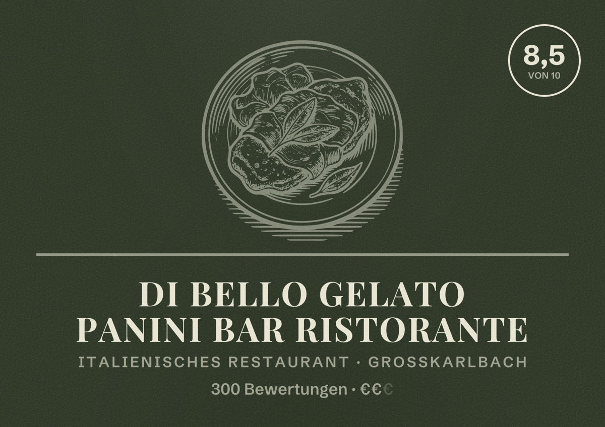 Illustriertes Poster von Di Bello Gelato Panini Bar Ristorante, Italienisches Restaurant in Großkarlbach: Bewertung 8,5 von 10 aus 300 Bewertungen, Preisniveau €€