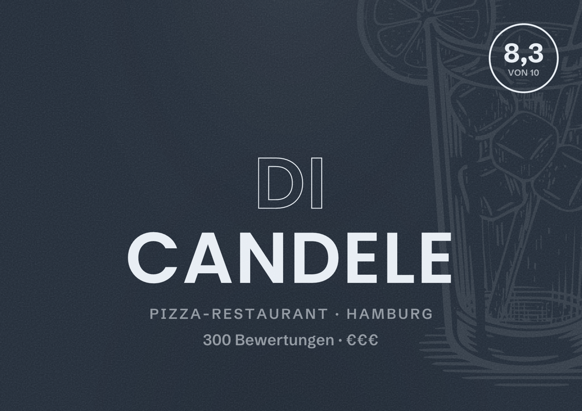 Illustriertes Poster von di candele, Pizza-Restaurant in Hamburg: Bewertung 8,3 von 10 aus 300 Bewertungen, Preisniveau €€€