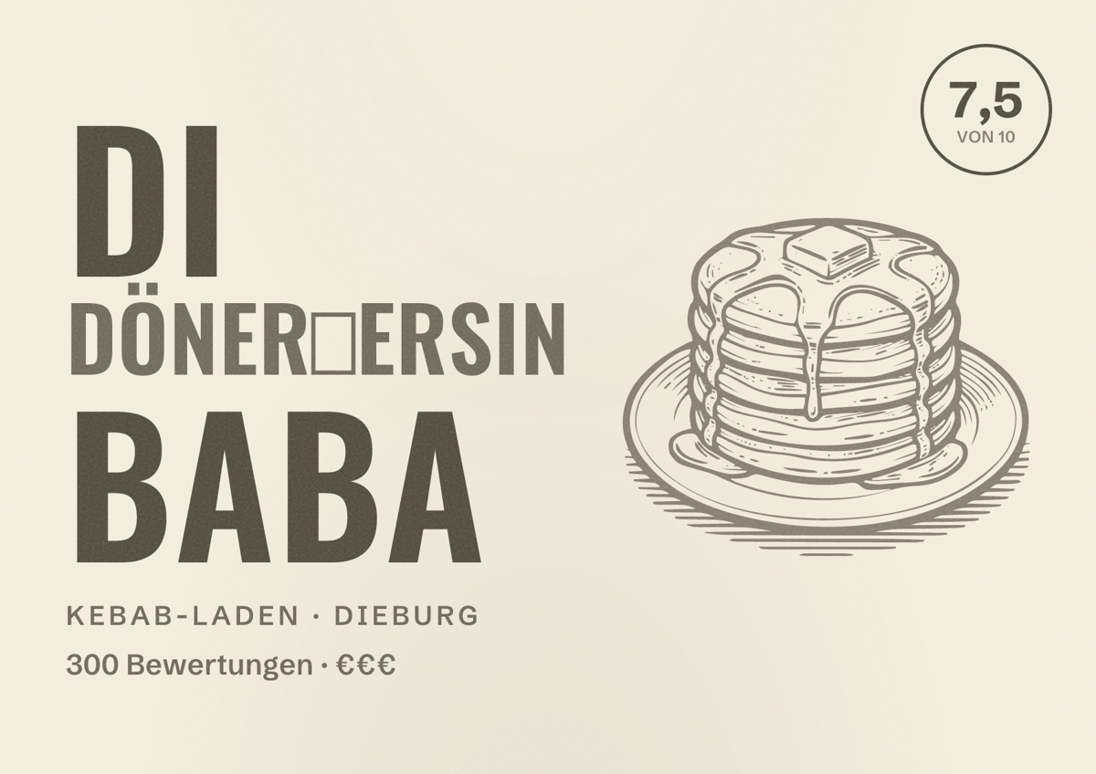 Illustriertes Poster von DI DÖNER┃ERSIN BABA, Kebab-Laden in Dieburg: Bewertung 7,5 von 10 aus 300 Bewertungen, Preisniveau €€€