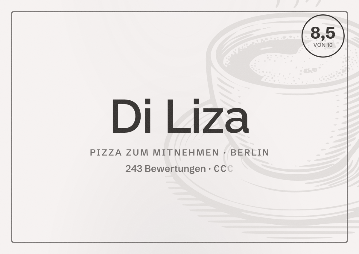 Illustriertes Poster von Di Liza, Pizza zum Mitnehmen in Berlin: Bewertung 8,5 von 10 aus 243 Bewertungen, Preisniveau €€