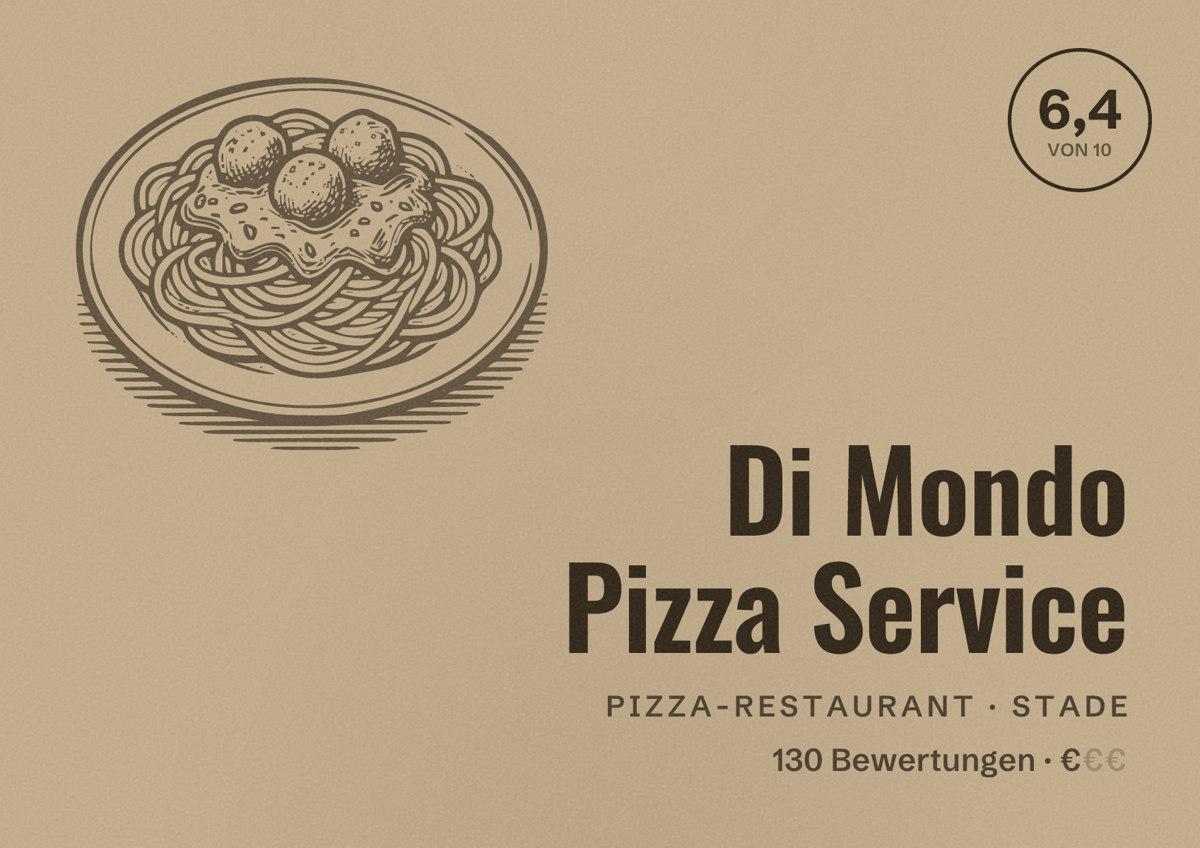 Illustriertes Poster von Di Mondo Pizza Service, Pizza-Restaurant in Stade: Bewertung 6,4 von 10 aus 130 Bewertungen, Preisniveau €