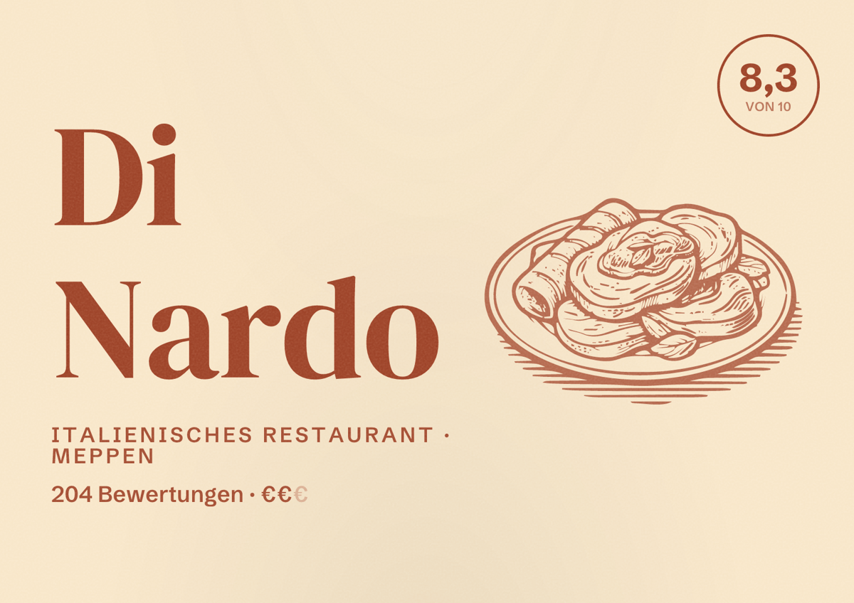 Illustriertes Poster von Di Nardo, Italienisches Restaurant in Meppen: Bewertung 8,3 von 10 aus 204 Bewertungen, Preisniveau €€