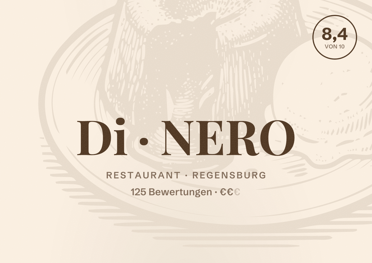 Illustriertes Poster von Di NERO, Restaurant in Regensburg: Bewertung 8,4 von 10 aus 125 Bewertungen, Preisniveau €€