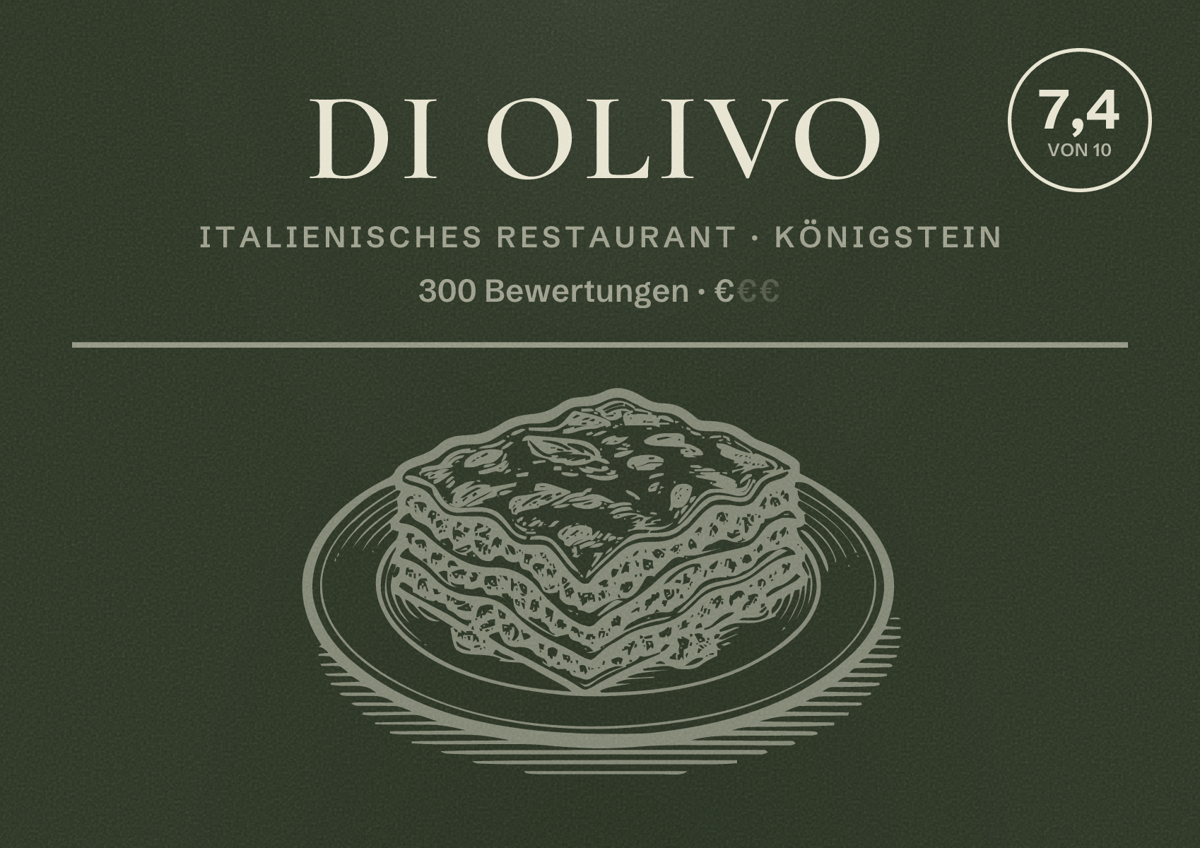 Illustriertes Poster von Di Olivo, Italienisches Restaurant in Königstein: Bewertung 7,4 von 10 aus 300 Bewertungen, Preisniveau €
