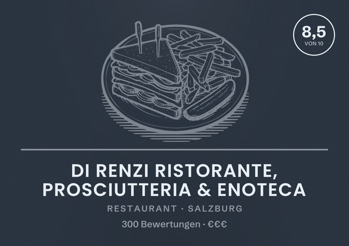 Illustriertes Poster von Di Renzi Ristorante, Prosciutteria & Enoteca, Restaurant in Salzburg: Bewertung 8,5 von 10 aus 300 Bewertungen, Preisniveau €€€
