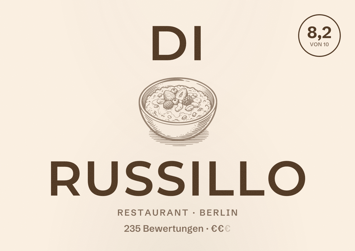 Illustriertes Poster von DI Russillo, Restaurant in Berlin: Bewertung 8,2 von 10 aus 235 Bewertungen, Preisniveau €€