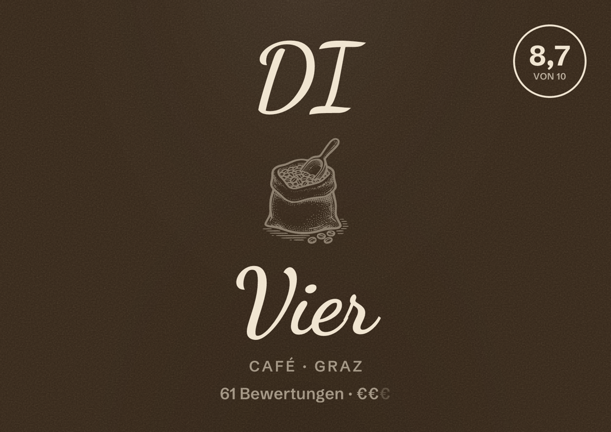 Illustriertes Poster von DI Vier, Café in Graz: Bewertung 8,7 von 10 aus 61 Bewertungen, Preisniveau €€
