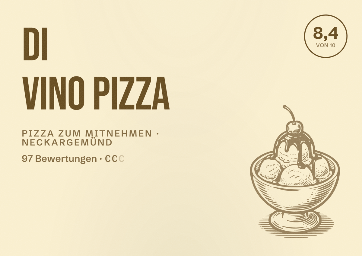 Illustriertes Poster von Di Vino Pizza, Pizza zum Mitnehmen in Neckargemünd: Bewertung 8,4 von 10 aus 97 Bewertungen, Preisniveau €€